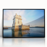 Large abstract wall art depicting Lisbon's cityscape in muted earth tones, framed in black acrylic.