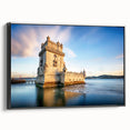 Black and white framed canvas of Lisbon landscape, featuring vintage poster art style, ideal for bedroom decor.