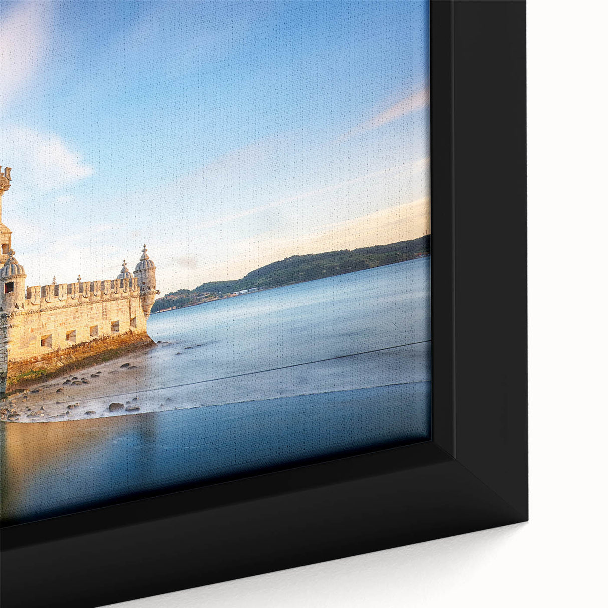 Close-up of extra large framed canvas depicting a textured, colorful Lisbon scenery in predominantly black tones.