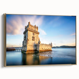Framed canvas of Lisbon landscape in muted gold and black tones, suitable as wall art for bedroom.