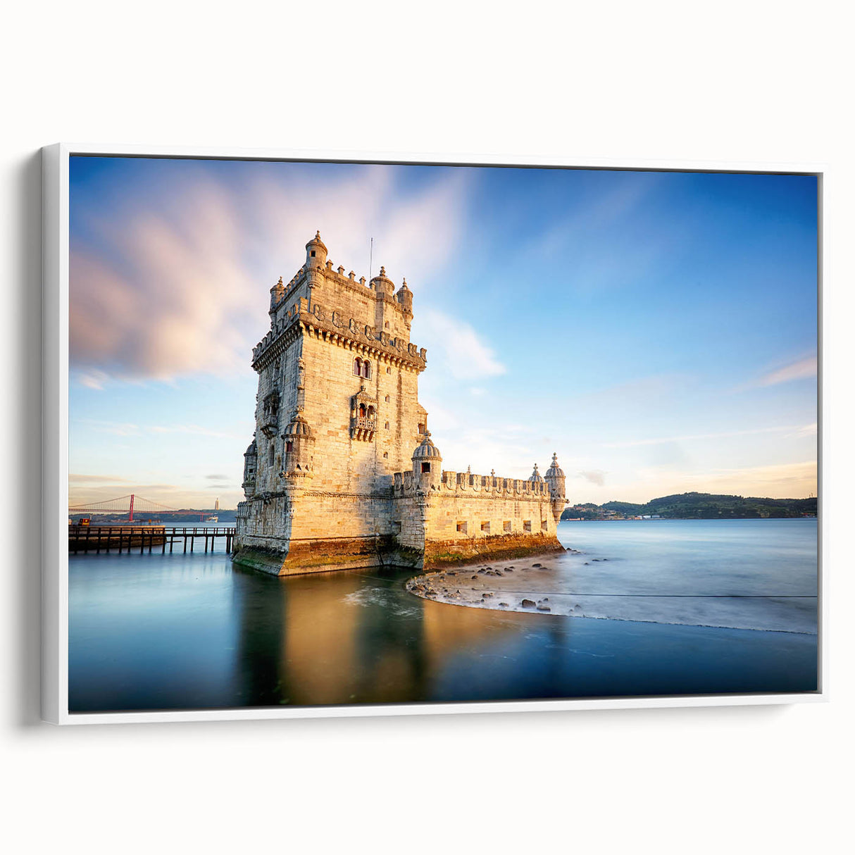 Vintage poster art of Lisbon scenery in vibrant colors on a large framed canvas, ideal for living room decor.