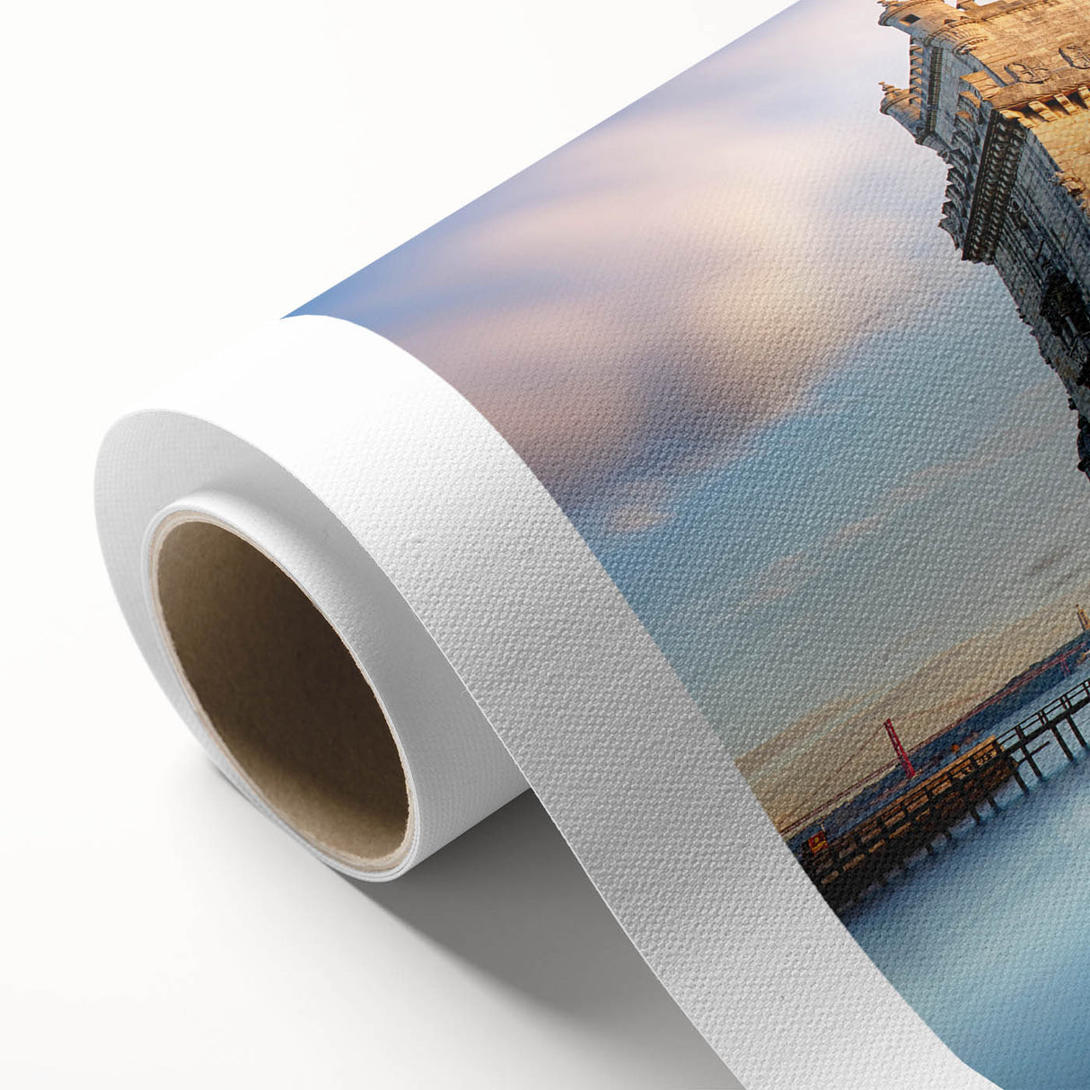 Art deco poster of Lisbon scenery in pastel shades on rolled canvas, ideal for nursery wall art.