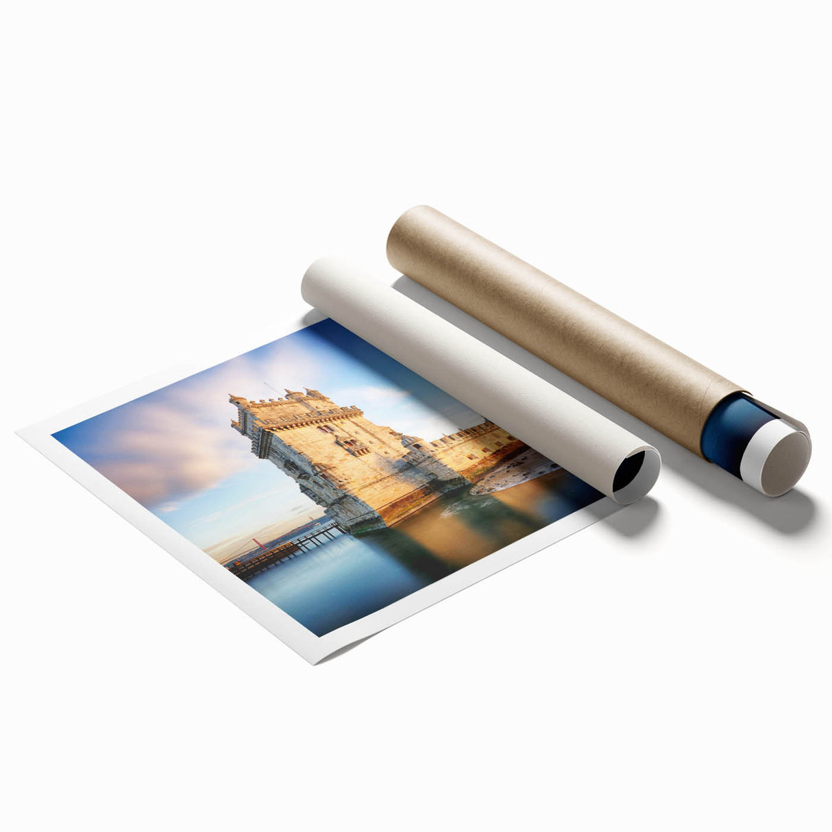 Large rolled print of Lisbon scenery with vibrant floral elements, suitable for classy bathroom or living room decor.