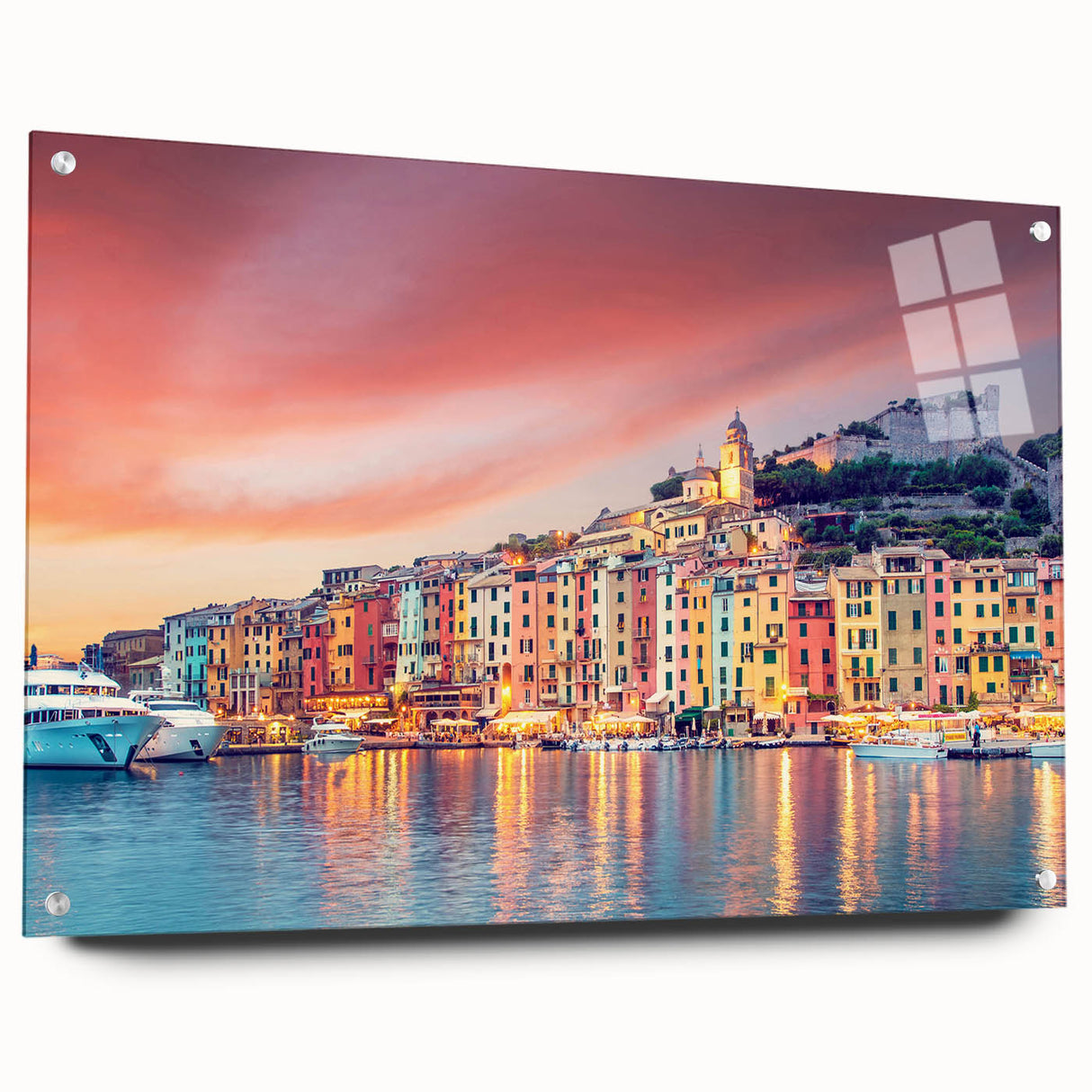 Acrylic print of Porto scenery in muted blues and greens, suitable for dining room decor.