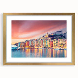 Abstract art print of Porto, Portugal in muted blue and gray tones on a framed canvas, suitable for dining room decor.