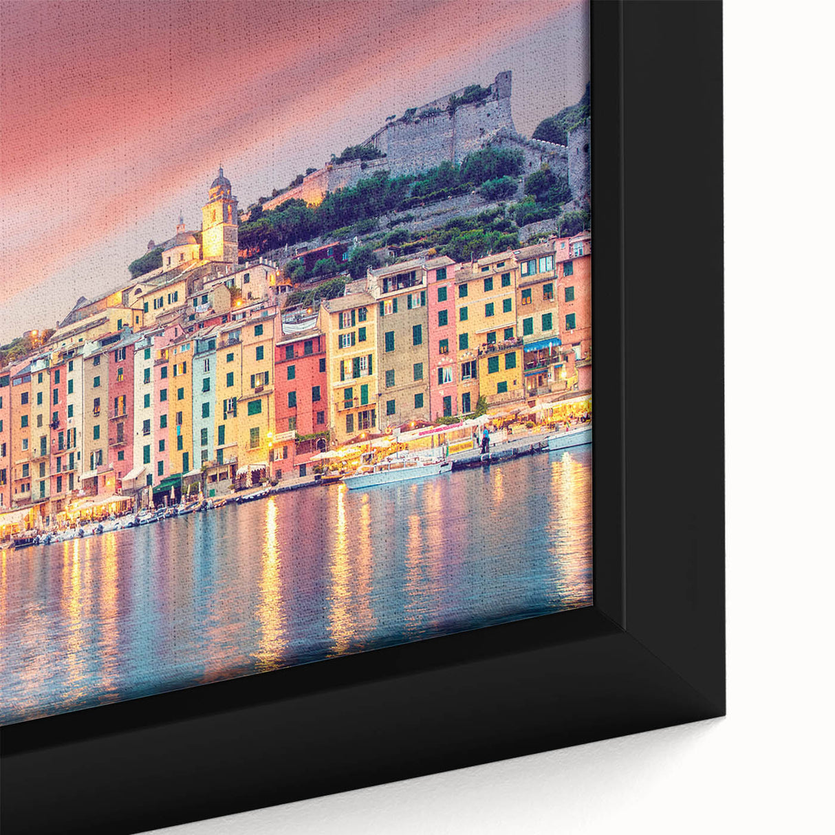 Extra large framed canvas of Porto scenery in textured black with colorful accents, ideal for living room decor.
