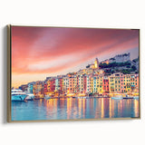 Framed canvas depicting a vintage-style landscape of Porto, Portugal with gold highlights.