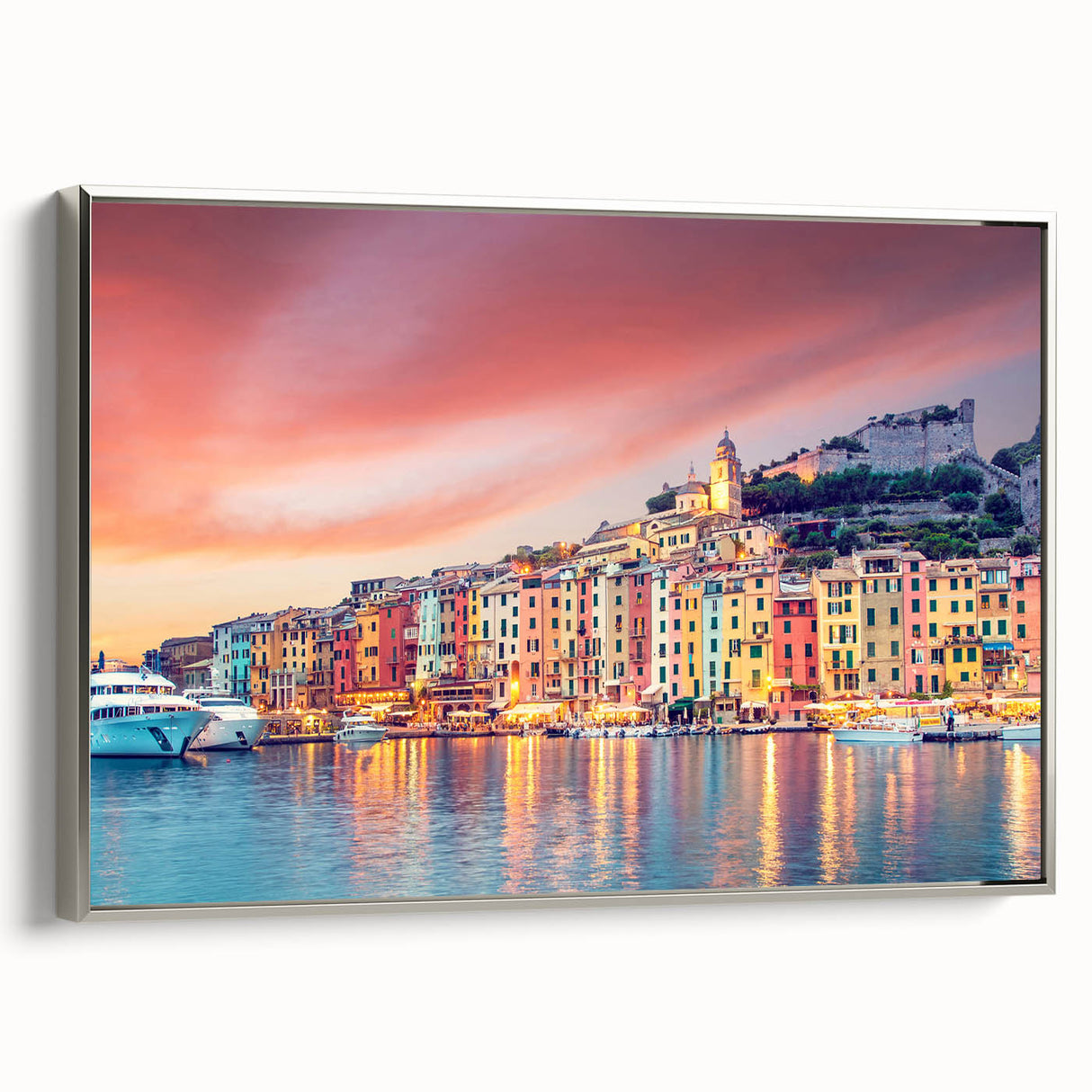 Landscape art painting of Porto, Portugal, featuring colorful buildings on a black vintage poster canvas.