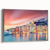 Landscape art painting of Porto, Portugal, featuring colorful buildings on a black vintage poster canvas.