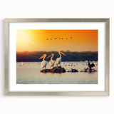 Extra large abstract art print of a textured European scenery in muted earth tones, framed in silver.