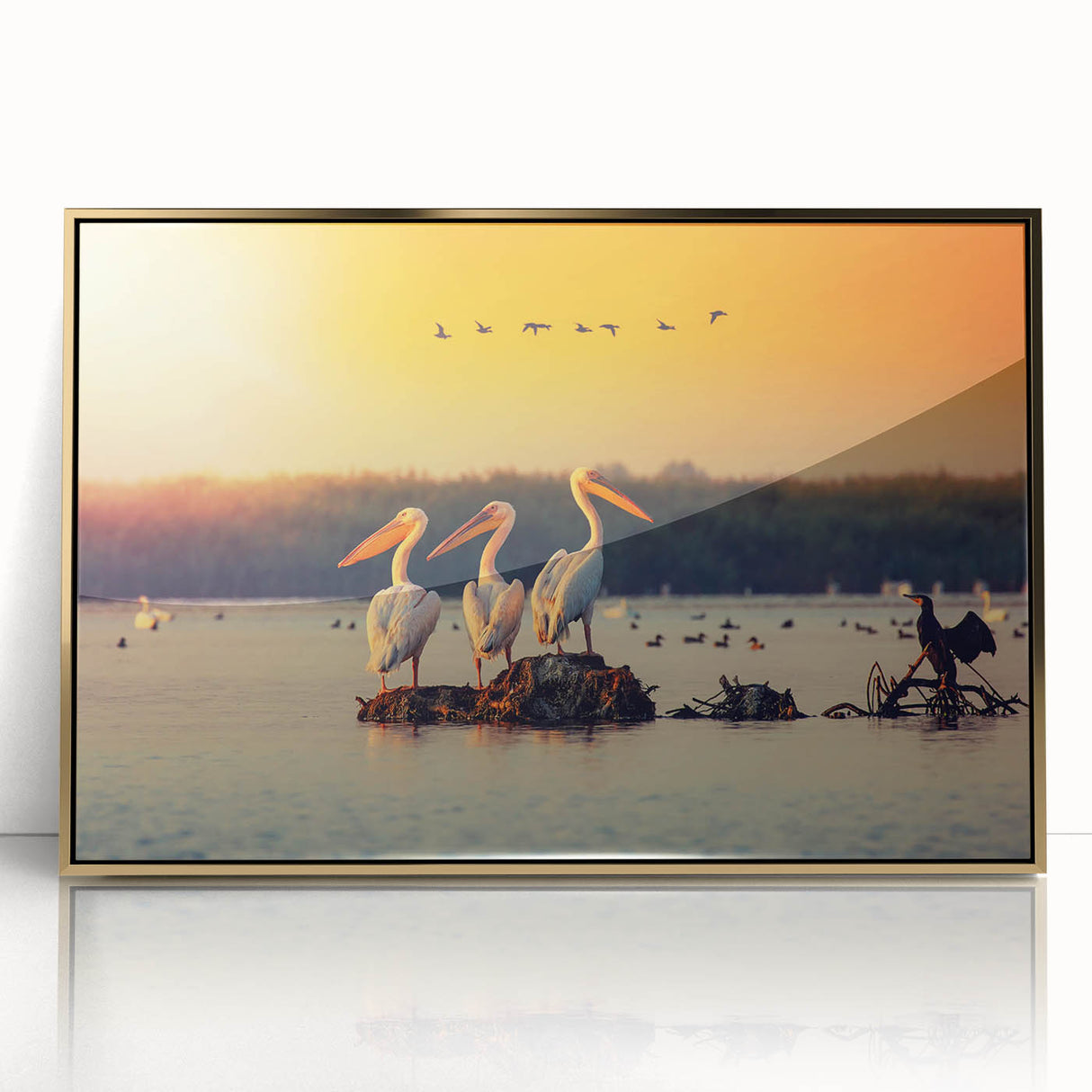 Art Deco poster of a Romanian landscape in gold and teal hues, acrylic framed, suitable for modern art wall decor or nursery.