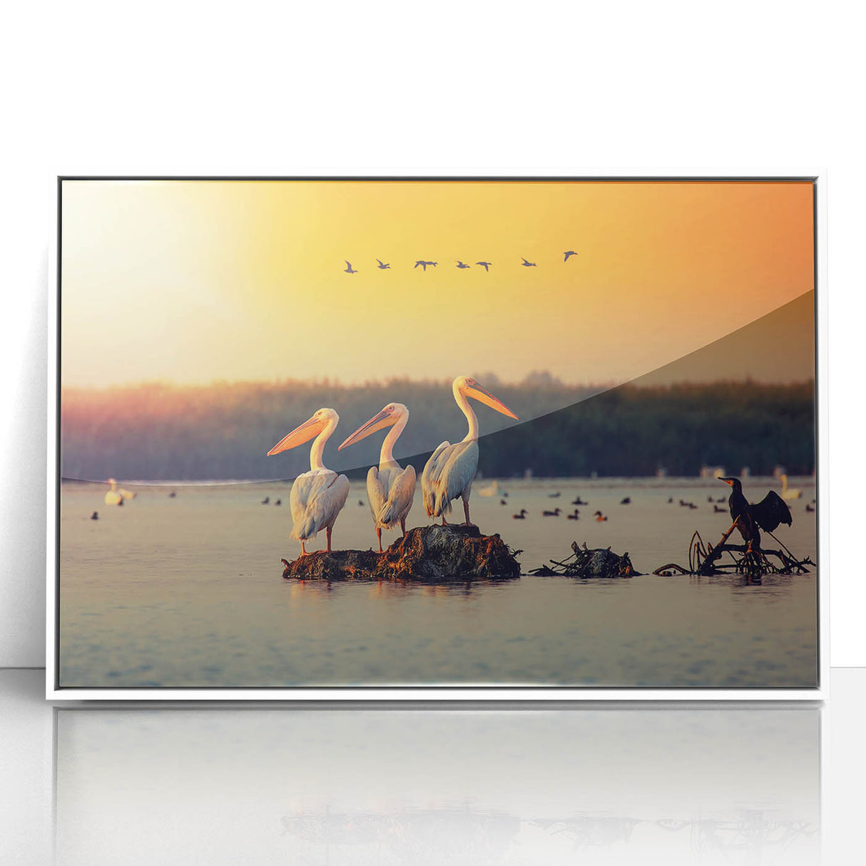 Mid-century modernist art depicting a serene Romanian landscape in muted earth tones.
