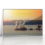 Mid-century modernist art depicting a serene Romanian landscape in muted earth tones.