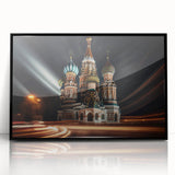 Large abstract wall art depicting the Moscow skyline in muted gray and blue tones, framed in black acrylic.