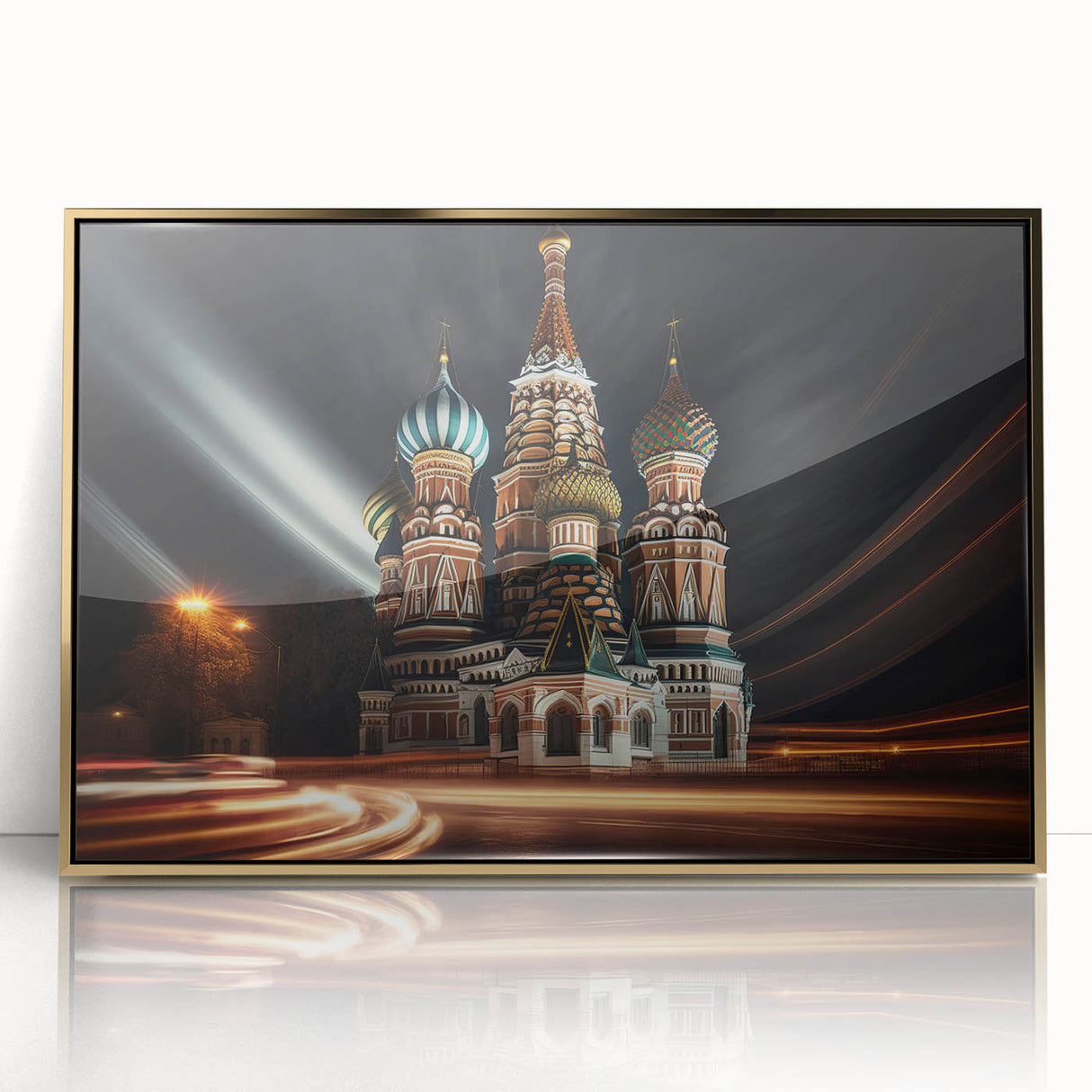 Art deco poster of Moscow skyline in gold and black hues on framed acrylic, suitable for modern art wall decor.