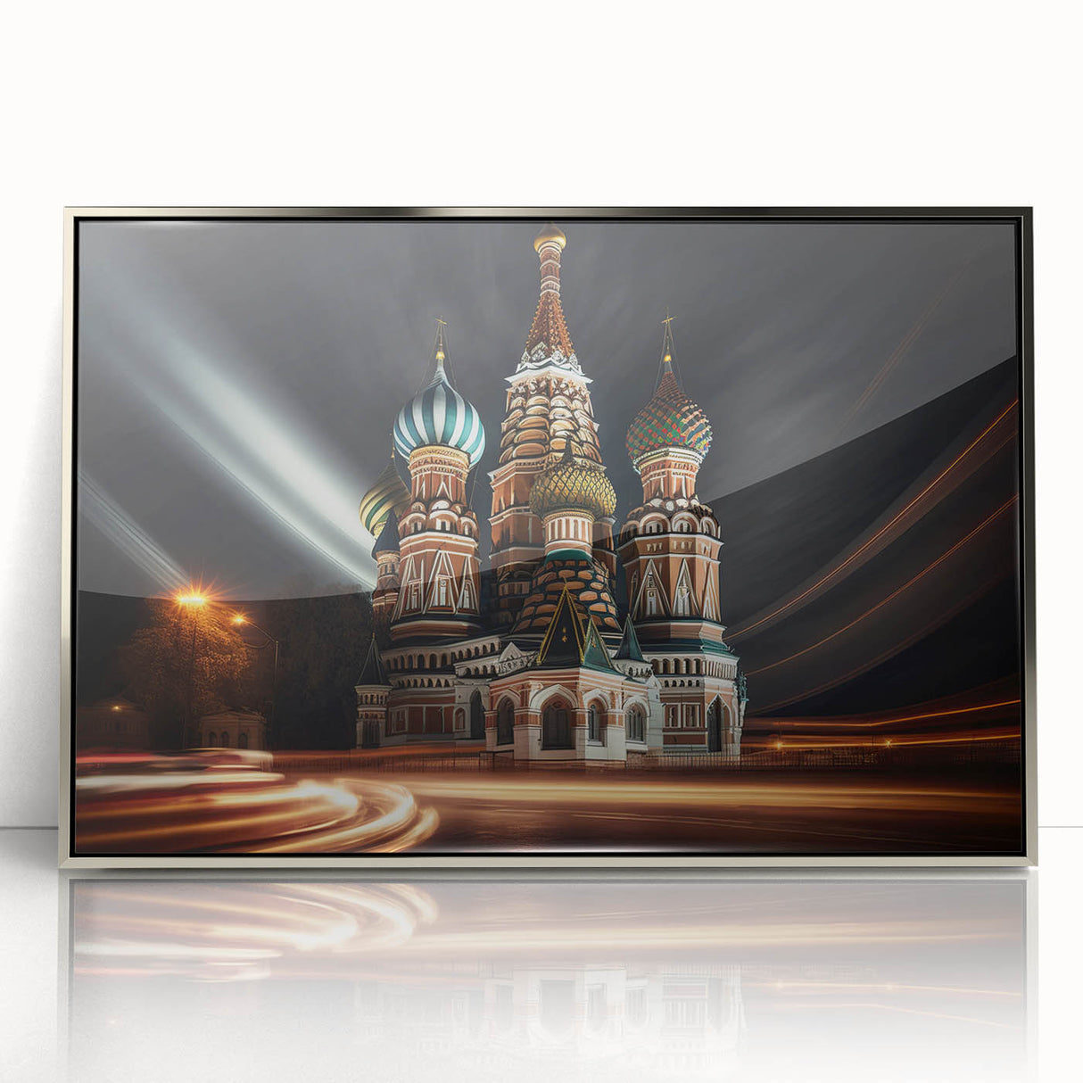Large art print of Moscow scenery in muted earth tones on a silver-framed acrylic, ideal for modern art wall decor.