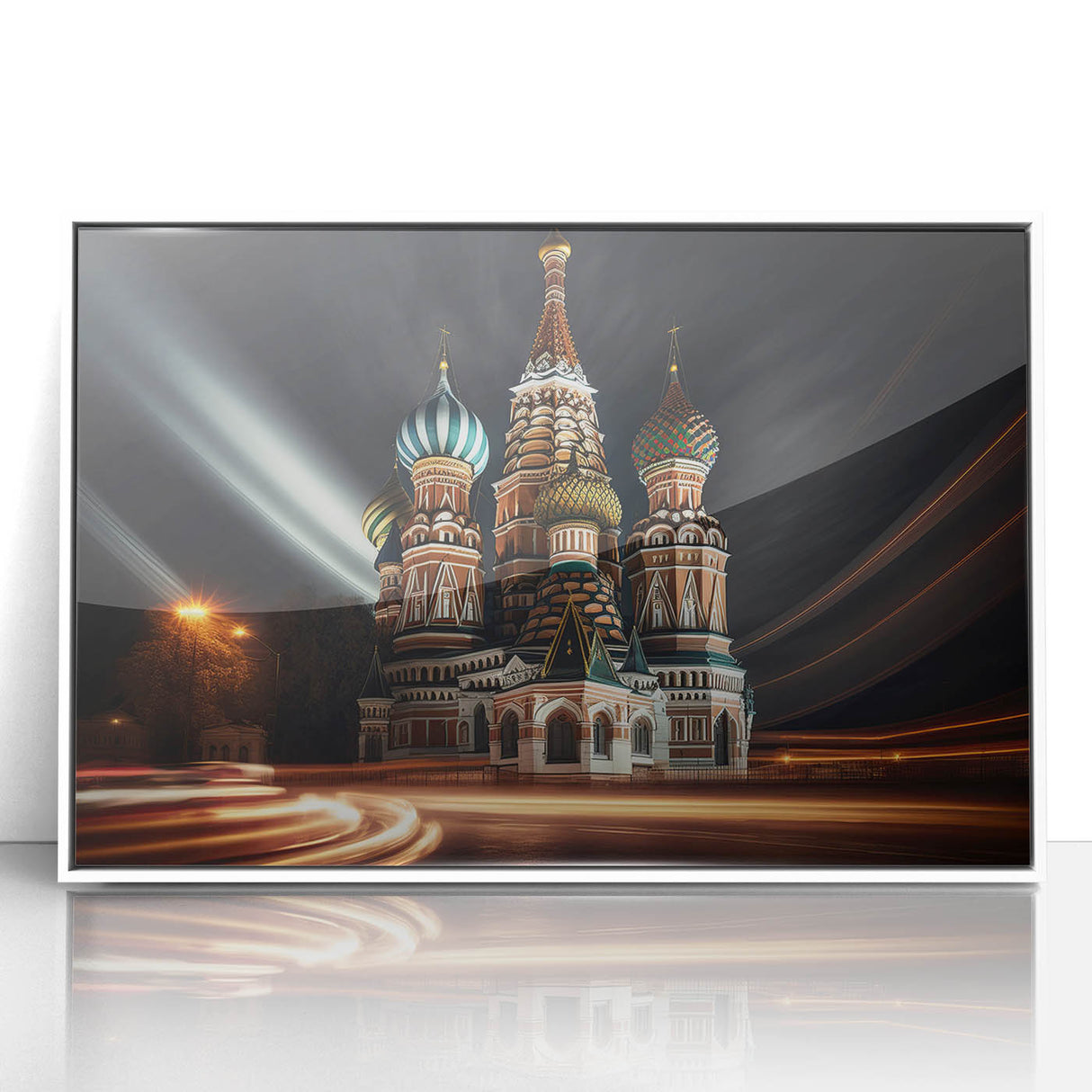 Mid-century modernist art depicting Moscow skyline in muted tones on a framed acrylic, ideal for nursery wall decor.