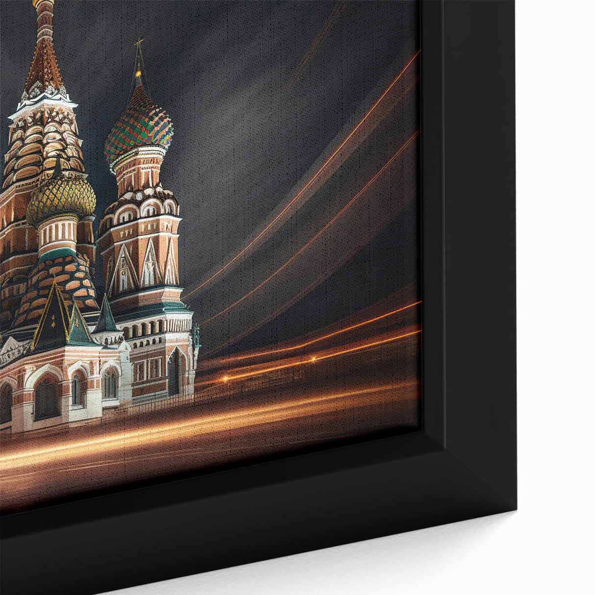 Framed canvas of Moscow skyline with textured, colorful art on a black background, ideal for living room decor.