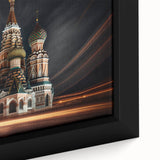 Framed canvas of Moscow skyline with textured, colorful art on a black background, ideal for living room decor.