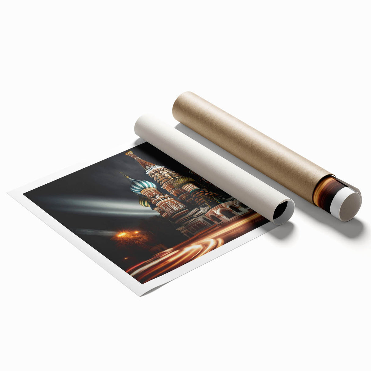 Extra large rolled print of Moscow scenery with floral accents in muted colors, suitable for classy bathroom wall art.