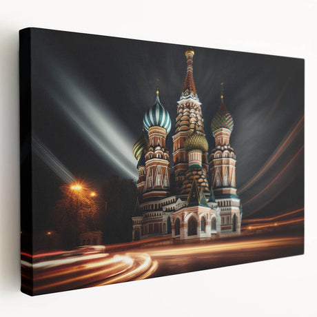 Large canvas print of the Moscow skyline in muted gray and blue tones, suitable for kitchen wall art.