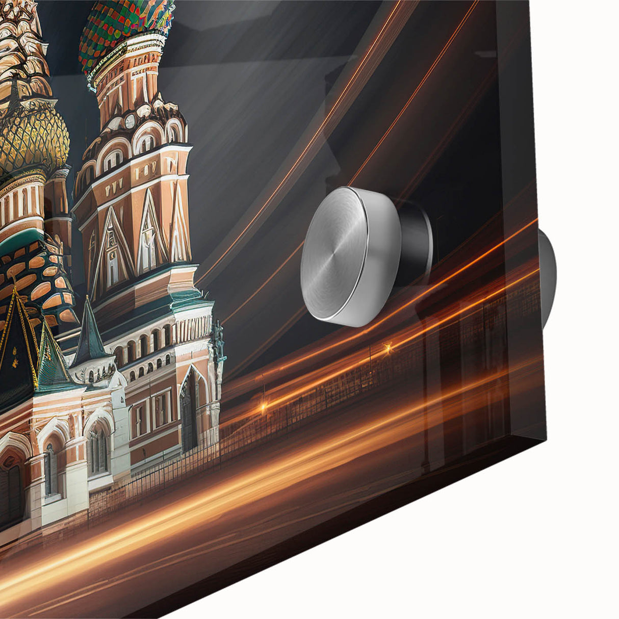 Large abstract depiction of Moscow skyline in muted earth tones on acrylic glass, suitable for dining room art.