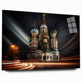 Acrylic print of a large abstract depiction of Moscow skyline in muted gray and blue tones.