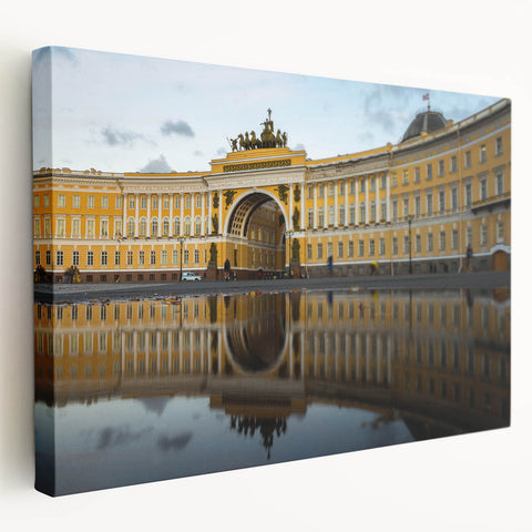 Side view of a stretched canvas depicting a European cityscape in muted watercolor tones, ideal for kitchen wall art.