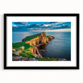Abstract art print of a colorful Scottish landscape in textured style, framed in black, ideal for living room decor.