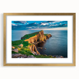 Abstract art print of a Scottish landscape in muted green and blue tones, framed in gold, suitable for dining room decor.