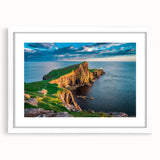 Textured abstract art print of a Scottish landscape in muted green and blue tones on a white framed mat.