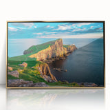 Art deco poster of a Scottish landscape in muted green and blue tones, framed acrylic, ideal for modern art wall decor.