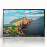 Acrylic print of a serene Scottish landscape in muted greens and blues, framed in silver, suitable for modern art wall decor.