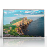 Mid-century modernist art depicting a serene Scottish landscape in muted earth tones on a framed acrylic panel.