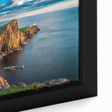Black wall art featuring a textured, colorful abstract of a Scottish landscape on a framed canvas.