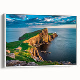 Vintage poster art of a Scottish landscape in colorful hues on a framed canvas, ideal for living room decor.