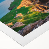 Art deco poster of a serene Scottish landscape in muted green and blue tones on rolled canvas.