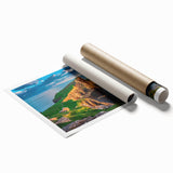 Extra large rolled print of a serene Scottish landscape in muted greens and blues, ideal for classy bathroom wall art.