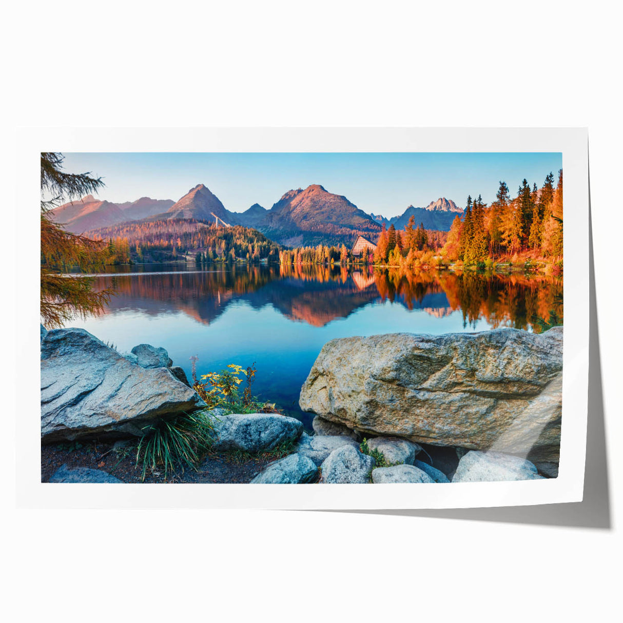 Extra large rolled print of a Slovakian landscape with soft floral elements in muted earth tones.
