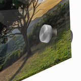 Large abstract wall art of Andalucian scenery in muted earth tones on acrylic glass, ideal for dining room ambiance.