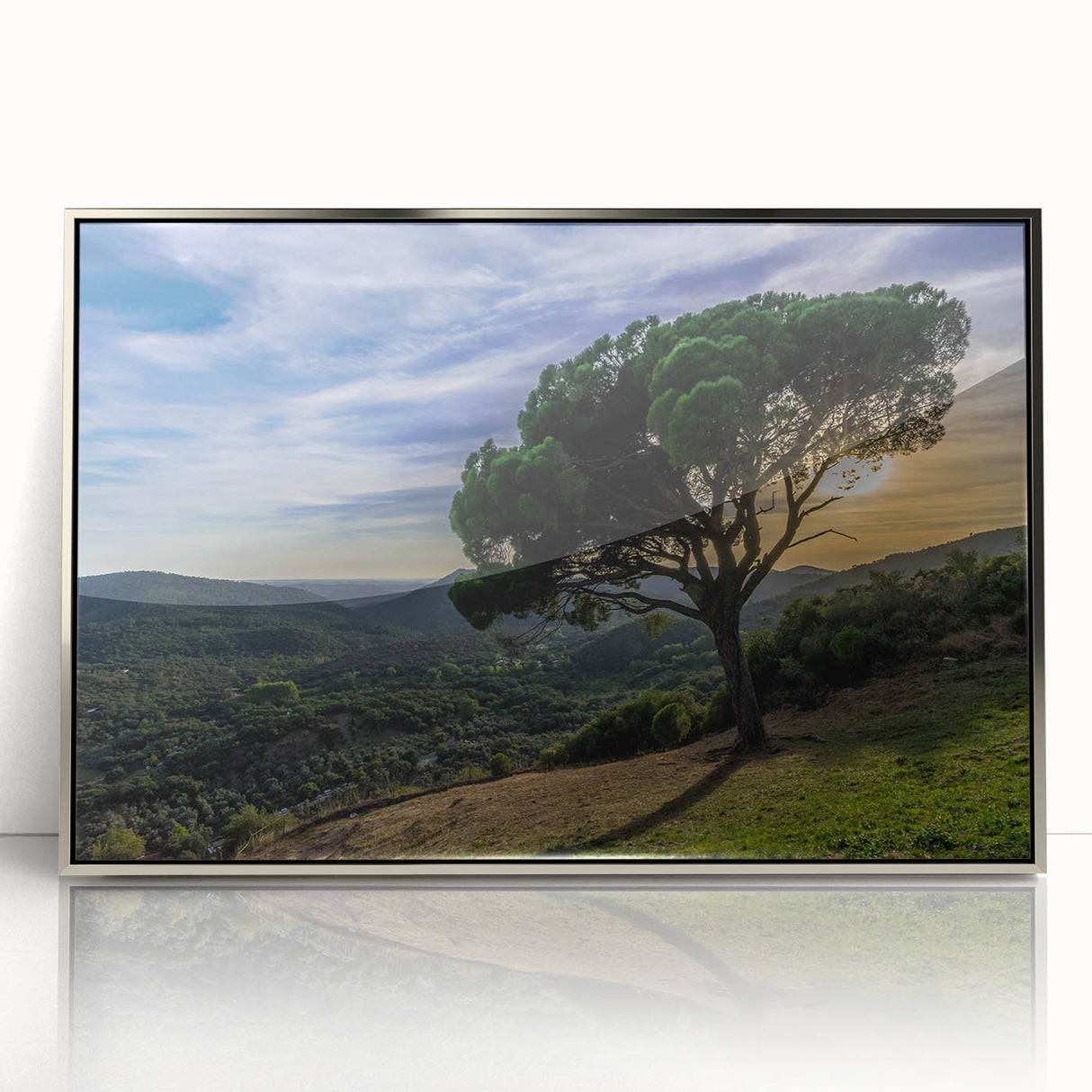 Framed acrylic print of a serene Andalucian landscape in muted earth tones, ideal for modern art wall decor or a nursery.