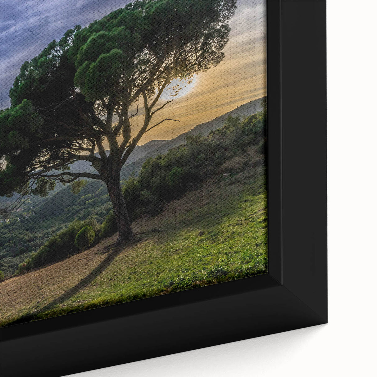 Black wall art featuring a textured scenery of Andalucia, Spain, with vibrant colors on a framed canvas.