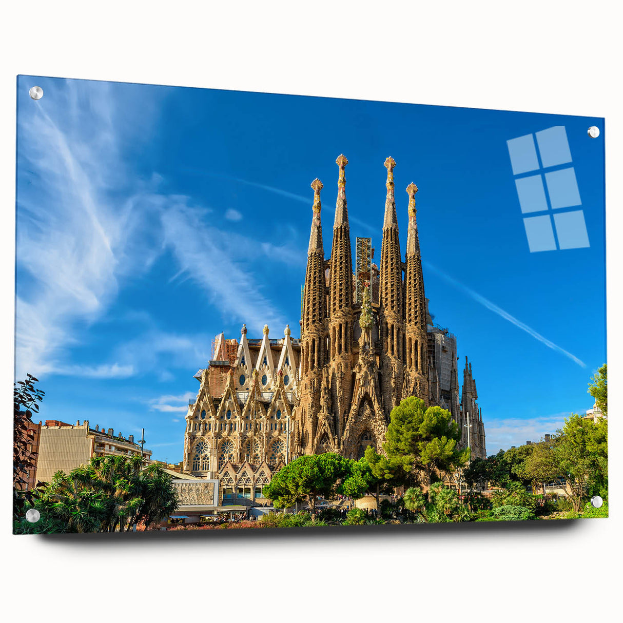 Acrylic print of a large abstract depiction of Barcelona with vibrant hues of blue and orange, ideal for dining room decor.