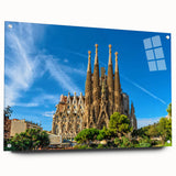 Acrylic print of a large abstract depiction of Barcelona with vibrant hues of blue and orange, ideal for dining room decor.