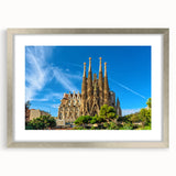 Extra large wall art depicting an abstract textured view of Barcelona in a silver frame, ideal for living room decor.