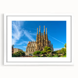 Textured art print of an abstract Barcelona skyline in muted earth tones on a framed white mat, ideal for bedroom decor.