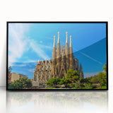 Large abstract wall art depicting a mid-century modernist cityscape of Barcelona in muted gray tones.