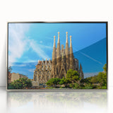 Large art print of Barcelona scenery in muted earth tones on framed acrylic, ideal for modern art wall decor.