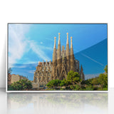 Mid-century modernist art of Barcelona skyline in muted earth tones on a framed acrylic, suitable for modern art wall decor.