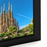 Extra large framed canvas featuring a textured depiction of Barcelona with a black background and colorful accents.